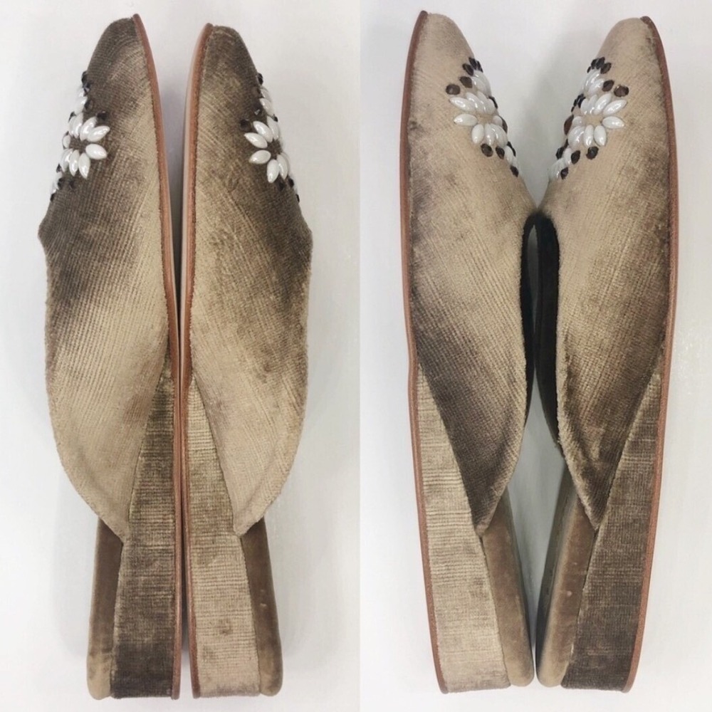 Kevyn Wynn Vintage Velvet Beaded Floral Pointed Toe Wedge Mules Champagne Gold 8 - Picture 2 of 5